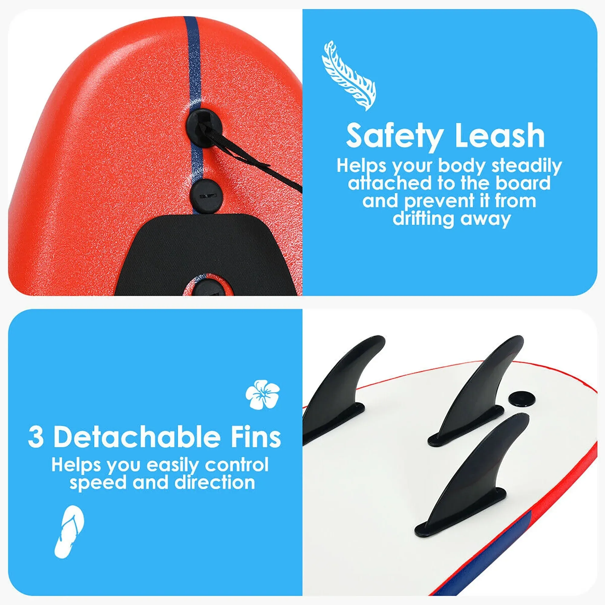 6' Surfboard Foamie Body Surfing Board W/3 Fins & Leash for Kids Adults Red