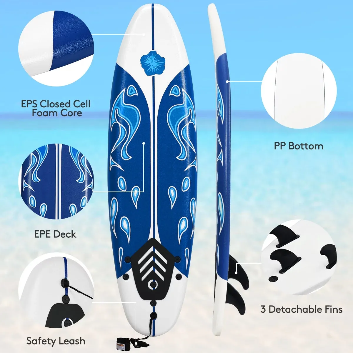 6' Surfboard Inflation-Free Long Surfing Board with Safety Leash White