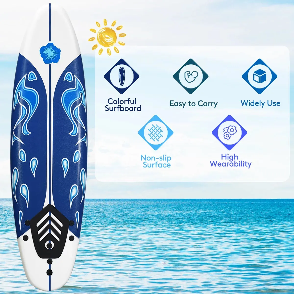 6' Surfboard Inflation-Free Long Surfing Board with Safety Leash White