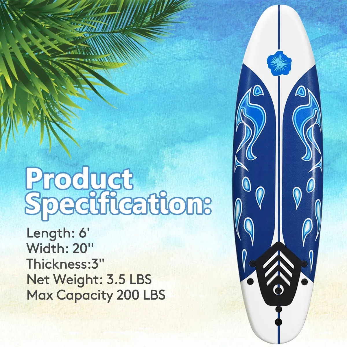 6' Surfboard Inflation-Free Long Surfing Board with Safety Leash White