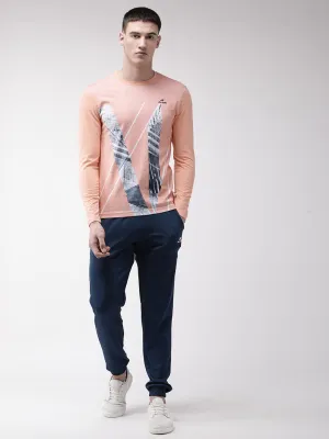 Alcis Men Peach-Coloured Printed Round Neck T-shirt
