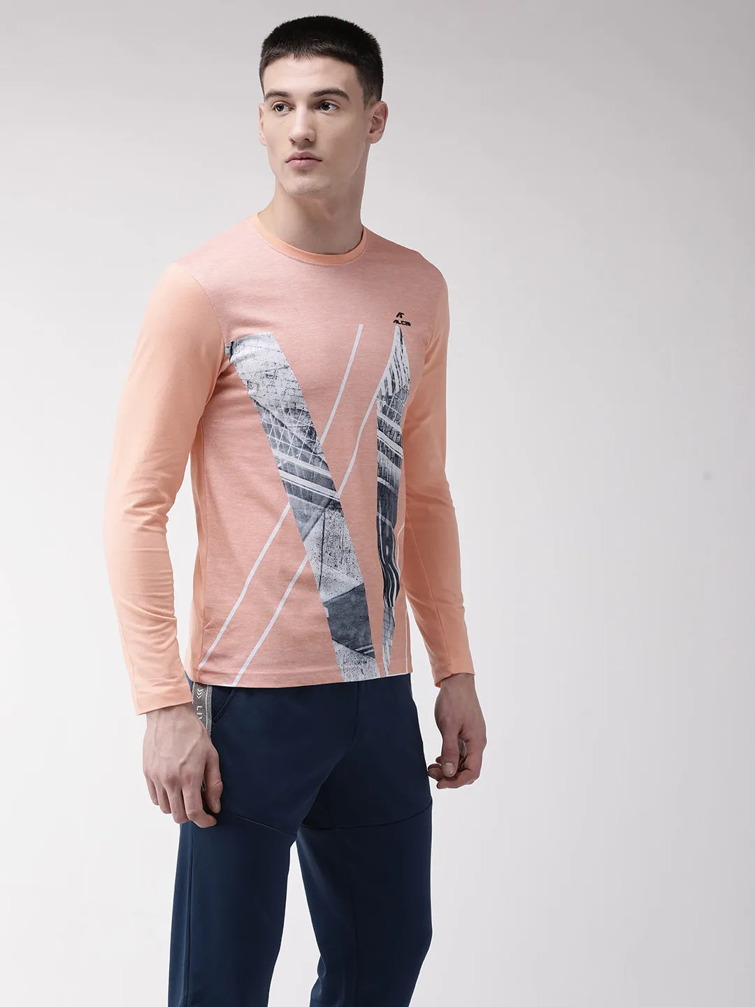 Alcis Men Peach-Coloured Printed Round Neck T-shirt