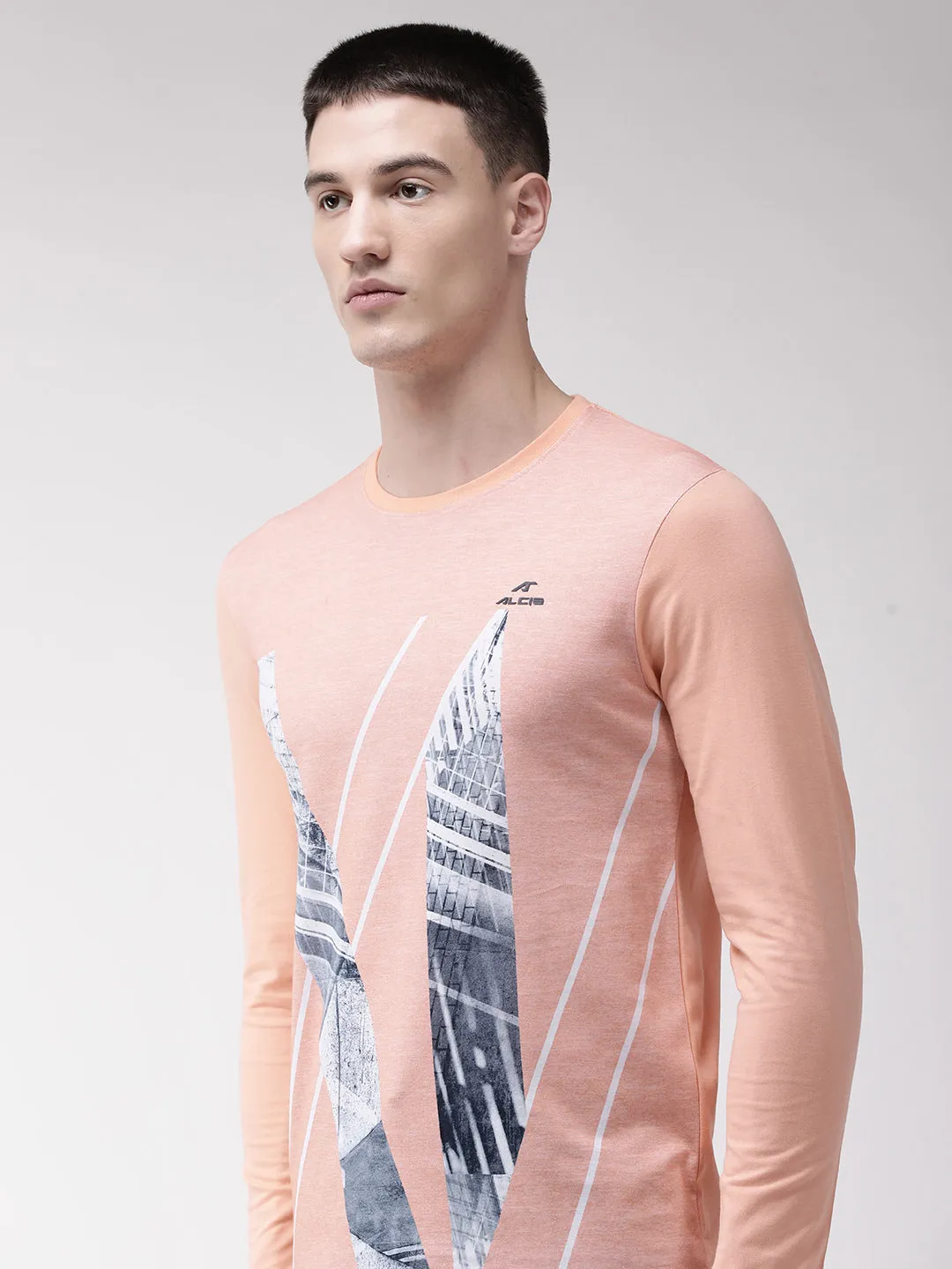 Alcis Men Peach-Coloured Printed Round Neck T-shirt