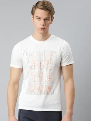 Alcis Men White Peach-Coloured Typography Printed T-shirt