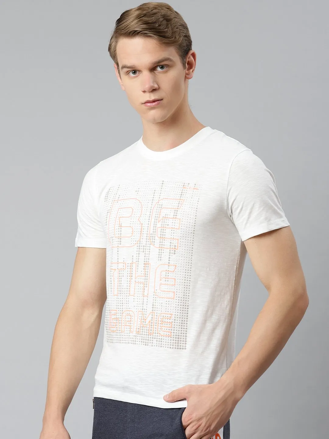 Alcis Men White Peach-Coloured Typography Printed T-shirt