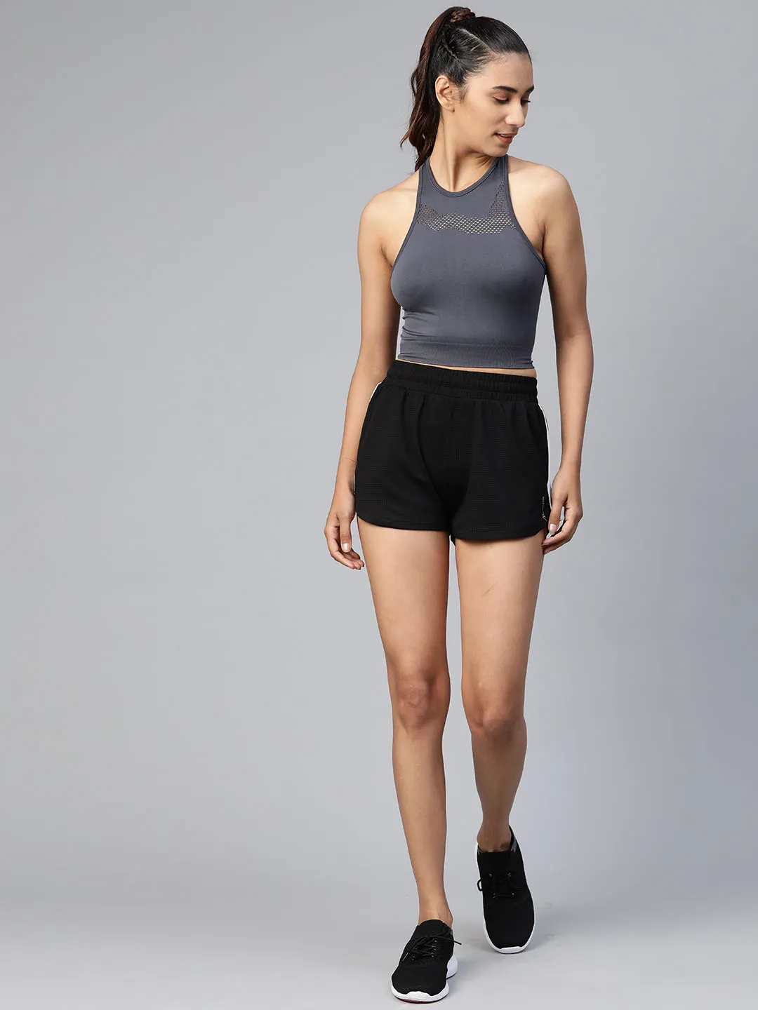 Alcis Women Black Waffle Pattern Regular Fit Sports Shorts