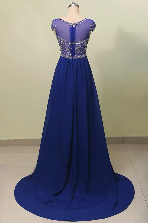 Anneprom Scoop Court Train Chiffon Blue Prom Dress With Beading APP0014