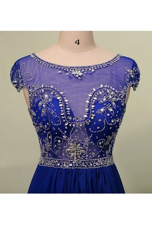 Anneprom Scoop Court Train Chiffon Blue Prom Dress With Beading APP0014