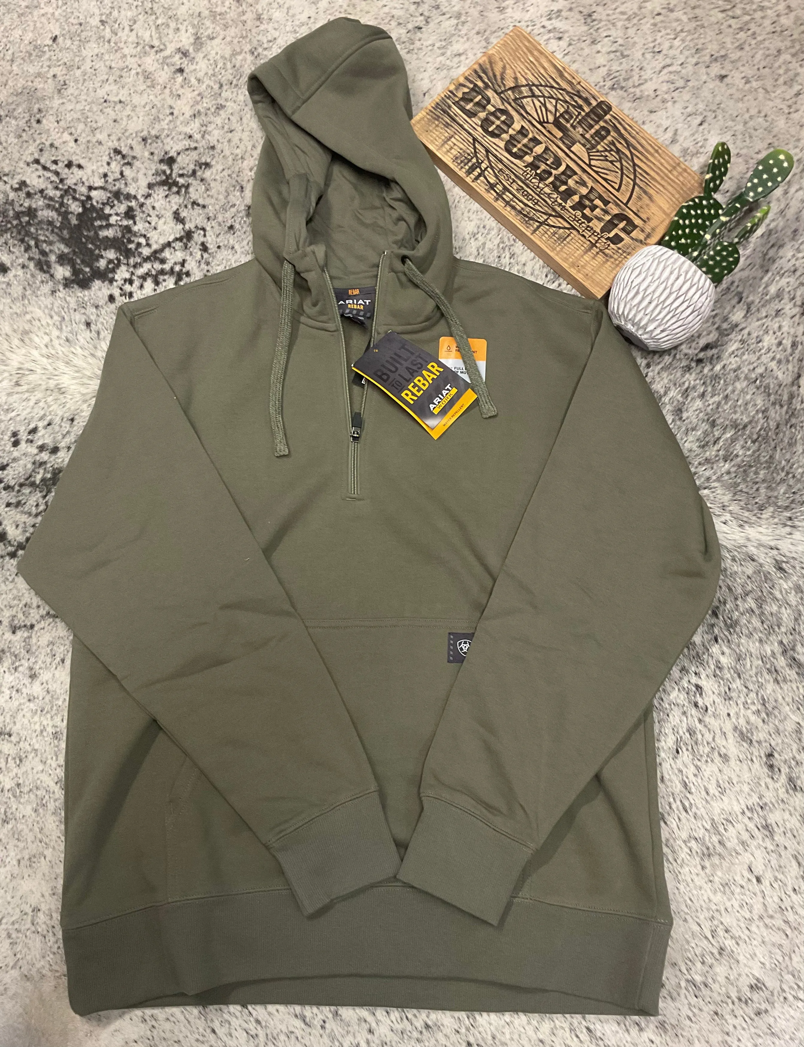 Ariat Men's Rebar Workman 1/4 Zip Hoodie-Deep Lichen
