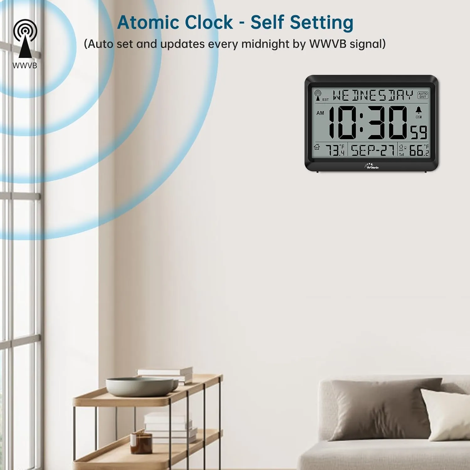 Atomic Clock With Indoor Outdoor Temperature, Self-setting Digital Wall