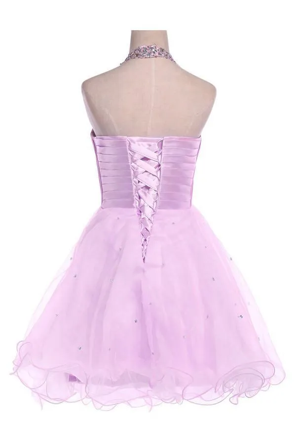 Ball Gown Halter Knee Length Satin Tulle Homecoming Dress With Beading TR0143