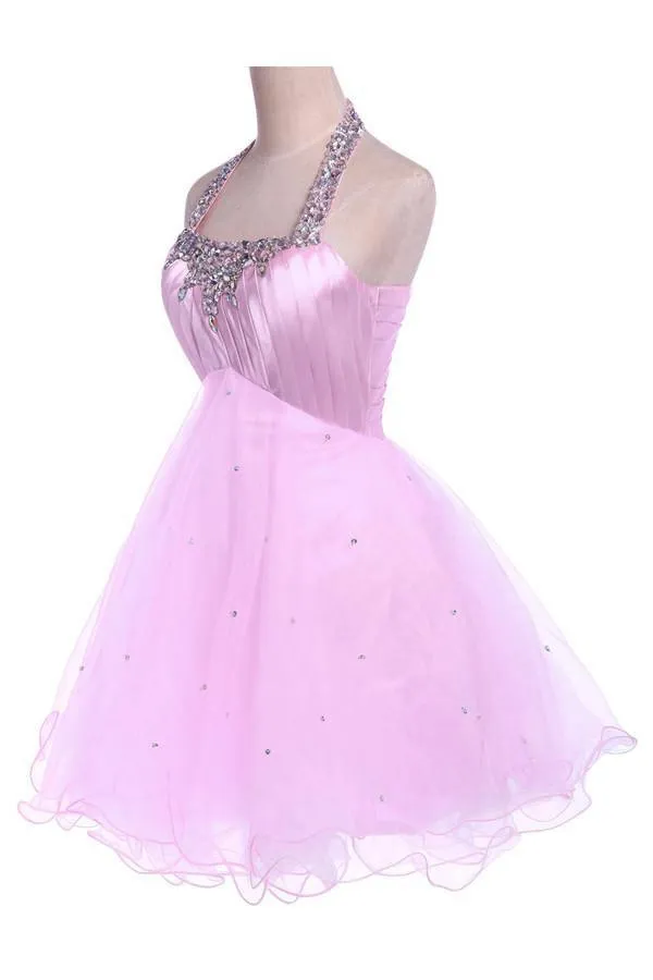 Ball Gown Halter Knee Length Satin Tulle Homecoming Dress With Beading TR0143