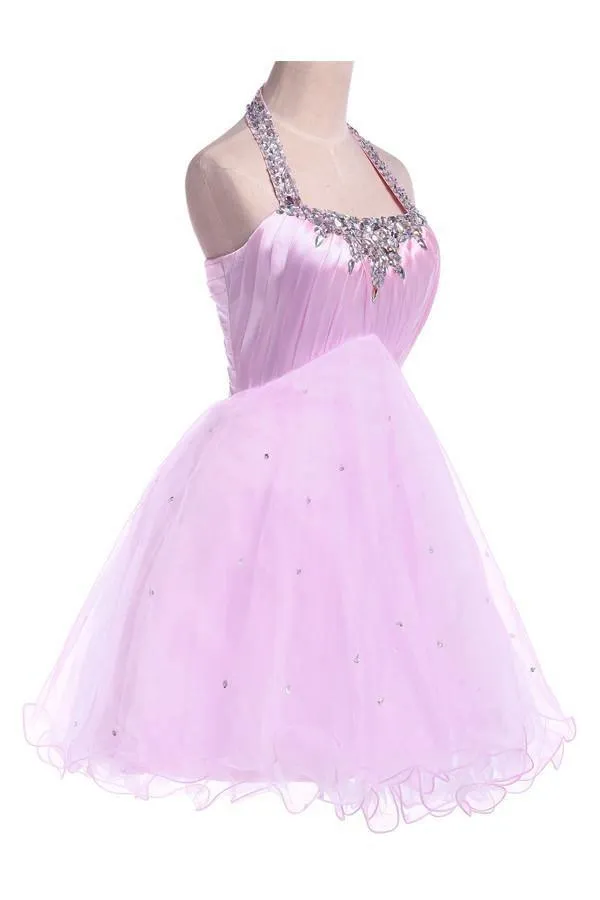 Ball Gown Halter Knee Length Satin Tulle Homecoming Dress With Beading TR0143