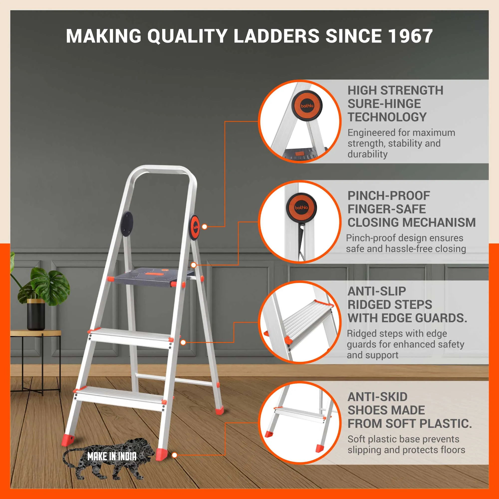 Bathla Advance Pro 3-Step Foldable Aluminium Ladder for Home | Heavy Duty & Anti-Slip Steps | 7 Year Manufacturer Warranty
