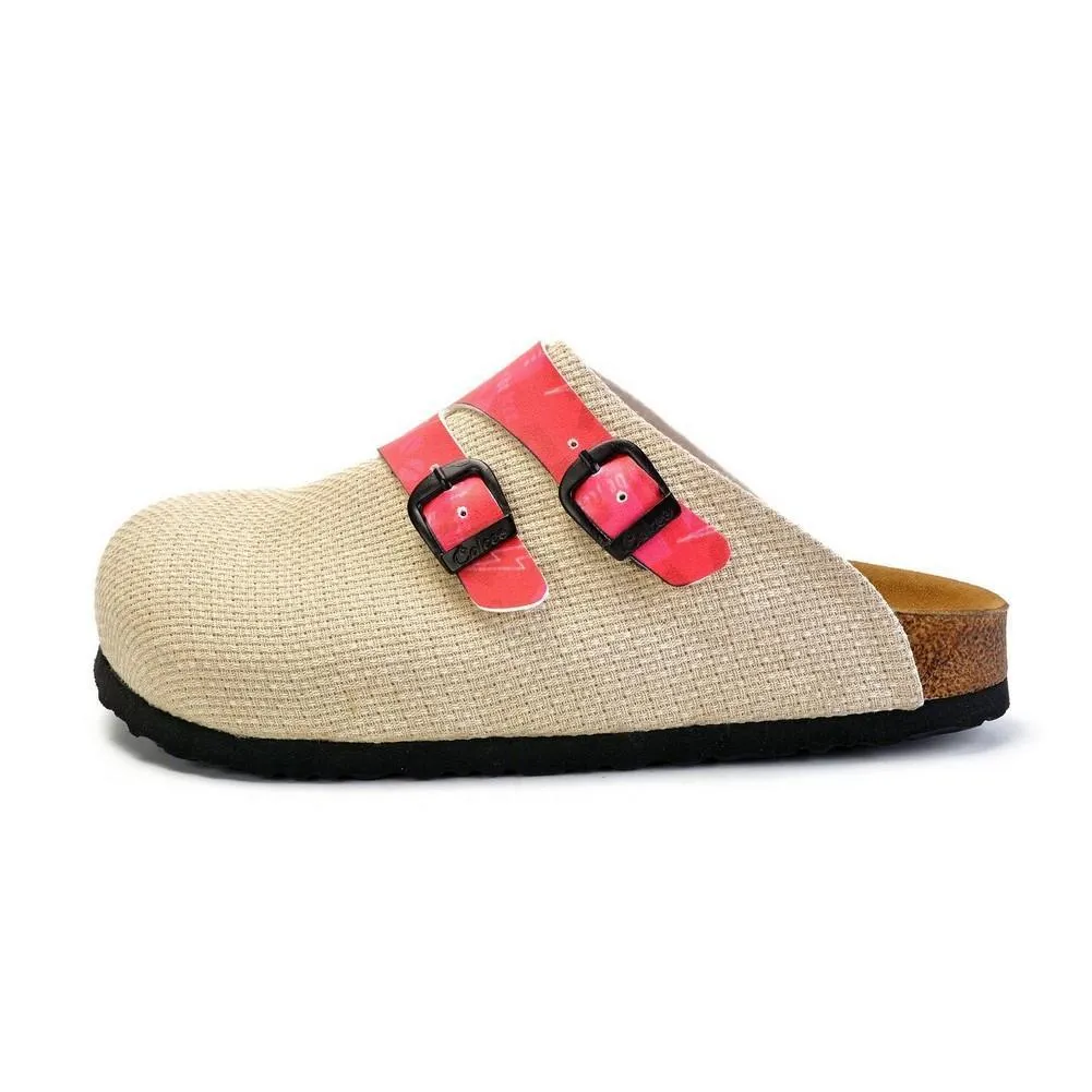 Beige, Pink Color and Girl Power Written Patterned Clogs - CAL1803