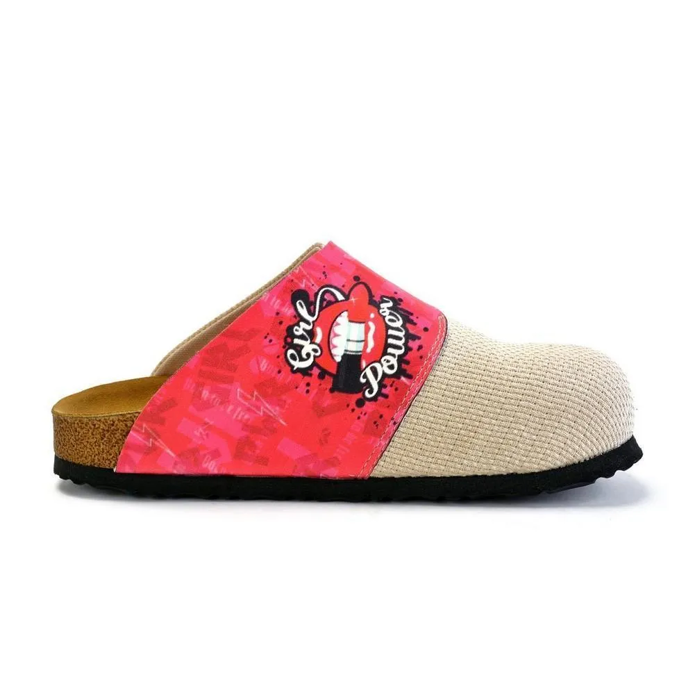 Beige, Pink Color and Girl Power Written Patterned Clogs - CAL1803