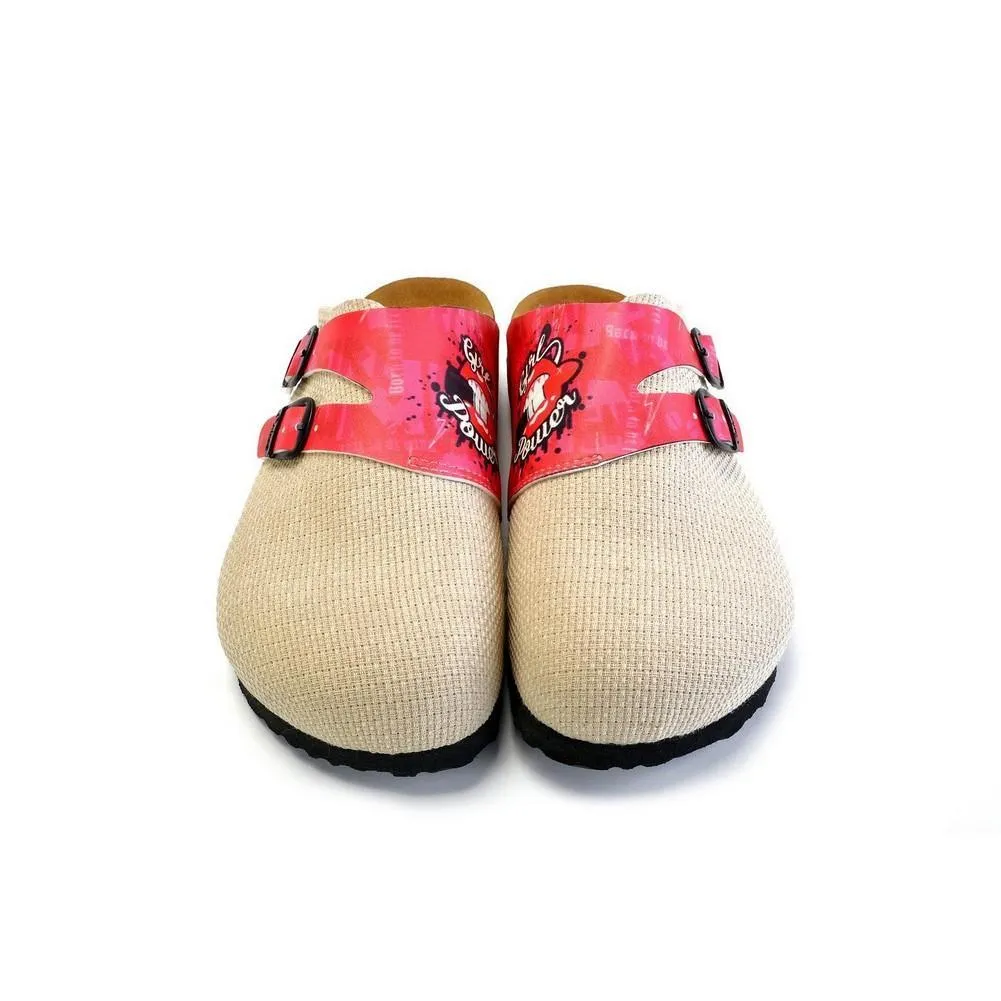 Beige, Pink Color and Girl Power Written Patterned Clogs - CAL1803