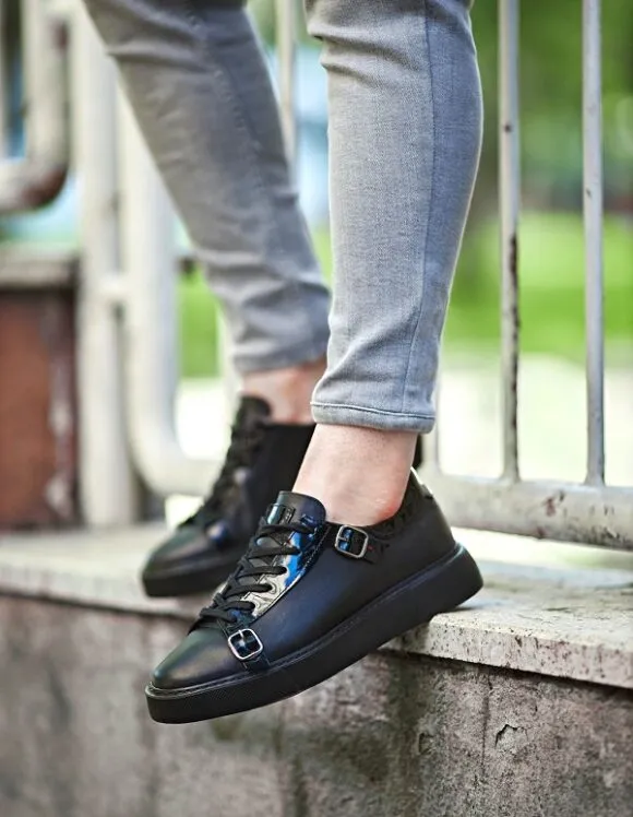 Black Mid Top Monk Strap Sneakers