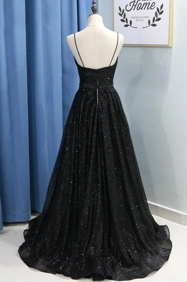 Black Spaghetti Straps Sequins Prom Dress Evening Dresses With Side Slit, SP477