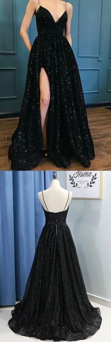 Black Spaghetti Straps Sequins Prom Dress Evening Dresses With Side Slit, SP477