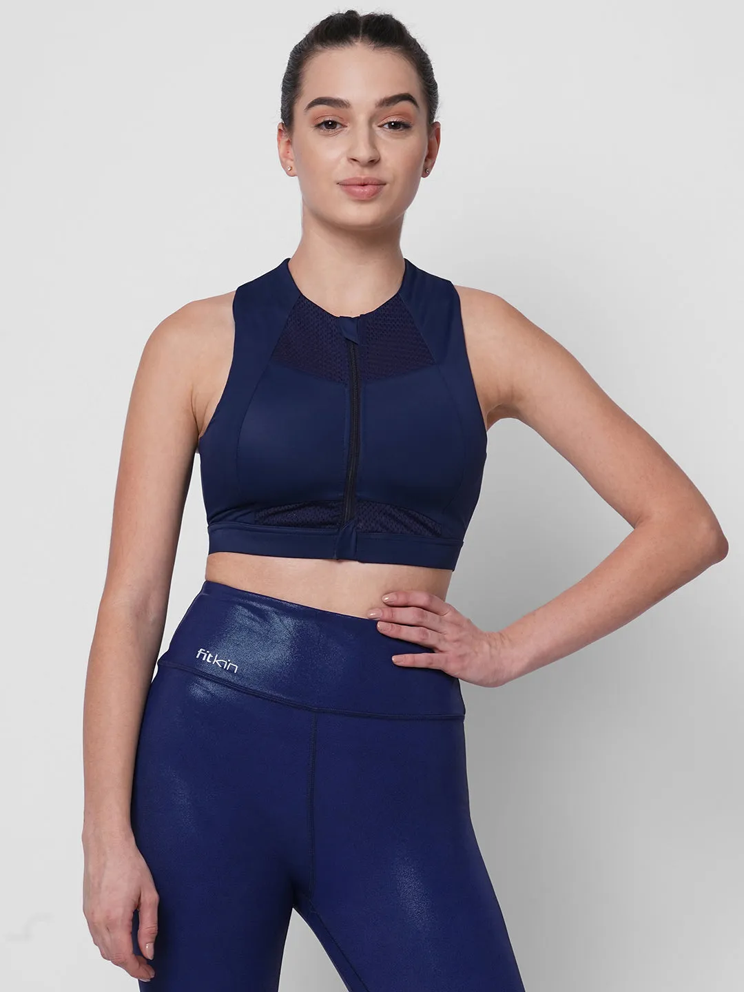 Blue front zipper sports Bra for better posture