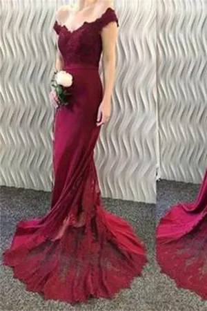 Burgundy Mermaid Off Shoulder Prom Dress With Small Train, Bridesmaid Dress M193