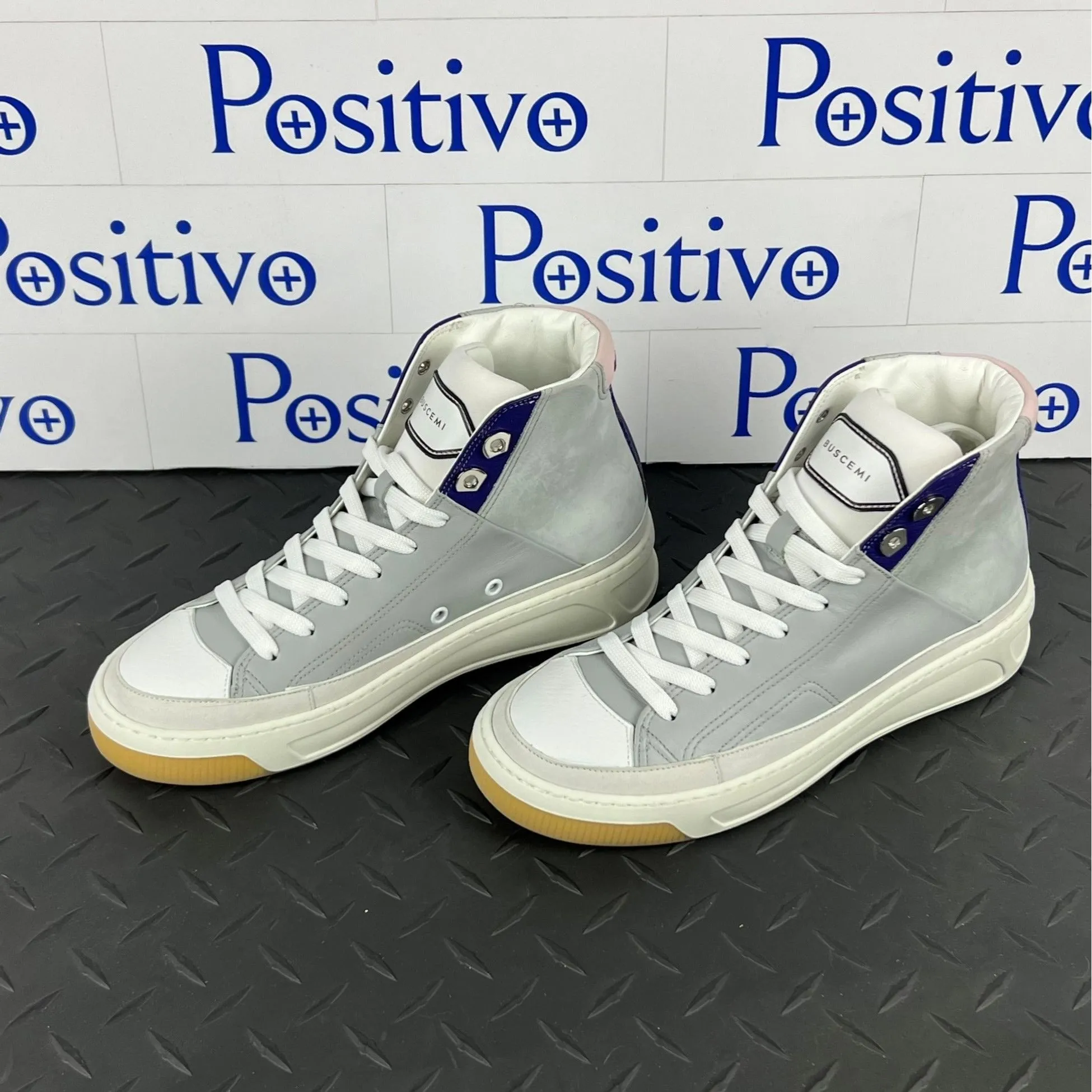 Buscemi Women's Prodigy Mid Grey and White Leather Sneakers SAMPLE