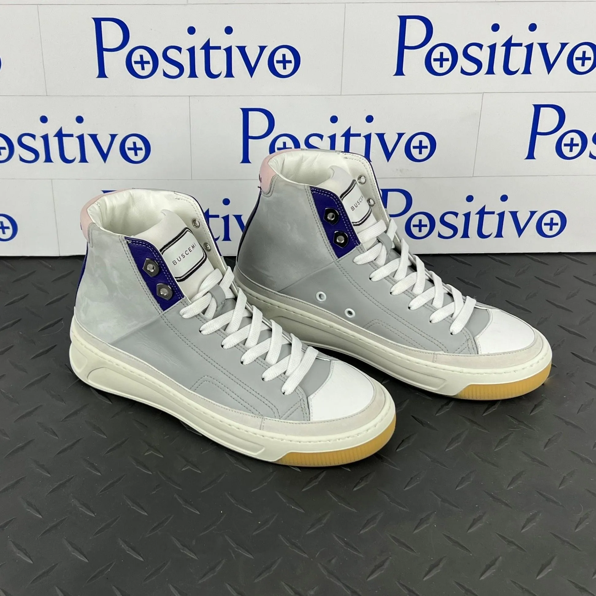 Buscemi Women's Prodigy Mid Grey and White Leather Sneakers SAMPLE