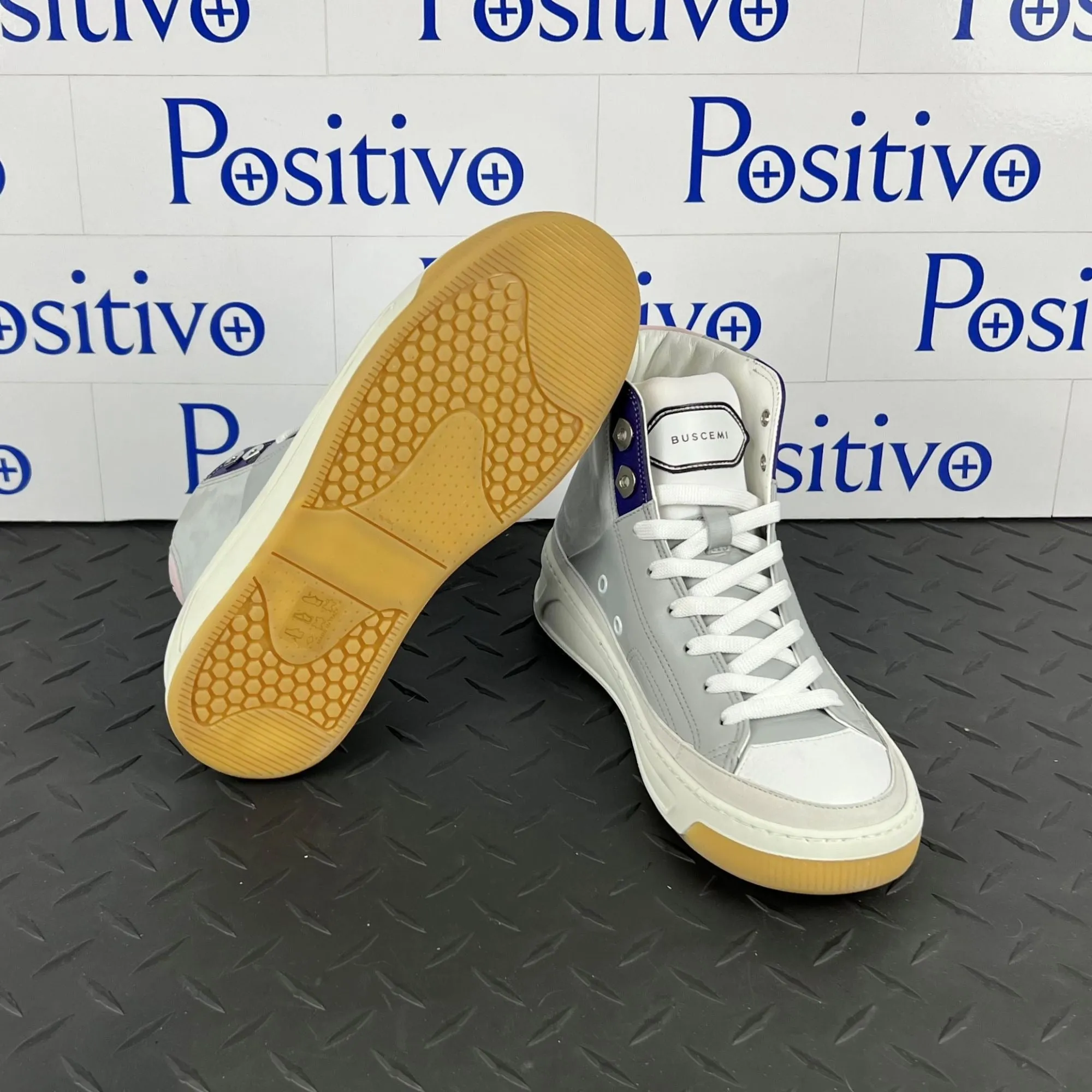 Buscemi Women's Prodigy Mid Grey and White Leather Sneakers SAMPLE