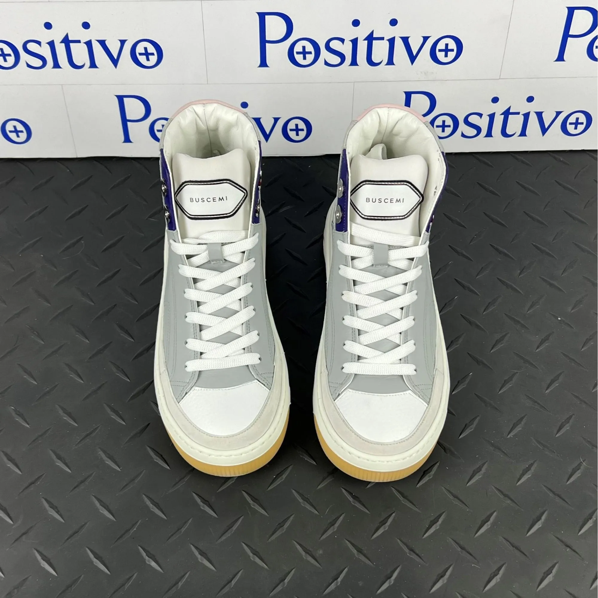 Buscemi Women's Prodigy Mid Grey and White Leather Sneakers SAMPLE