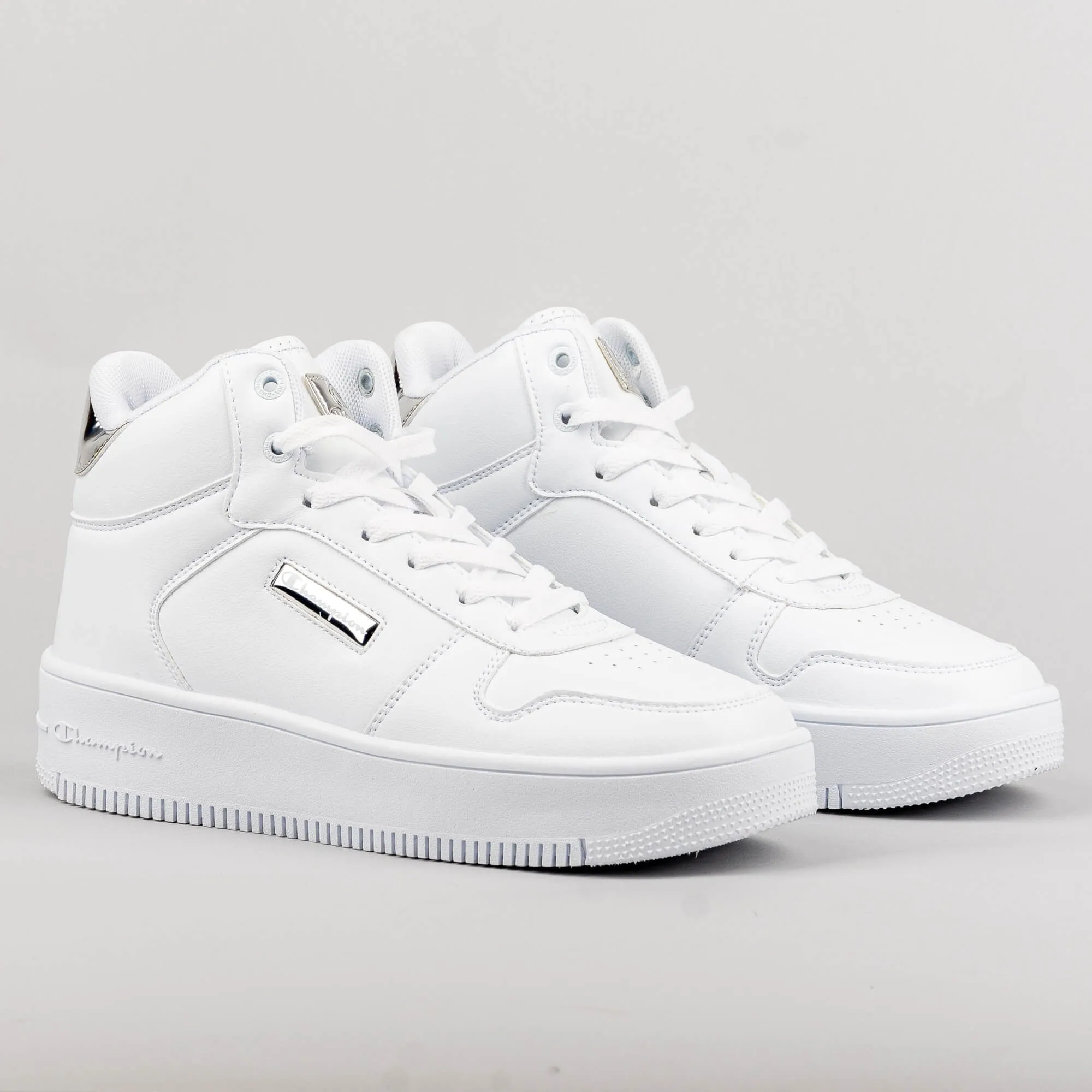 Champion Mid Cut Shoe Rebound Platform Mid Metal White