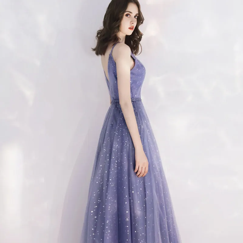 Charming Tulle Purple V-neckline Long Formal Dress, Shiny Tulle Low Back Wedding Party Dress
