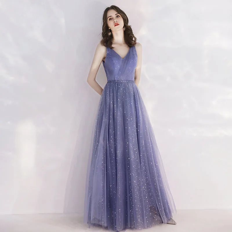 Charming Tulle Purple V-neckline Long Formal Dress, Shiny Tulle Low Back Wedding Party Dress