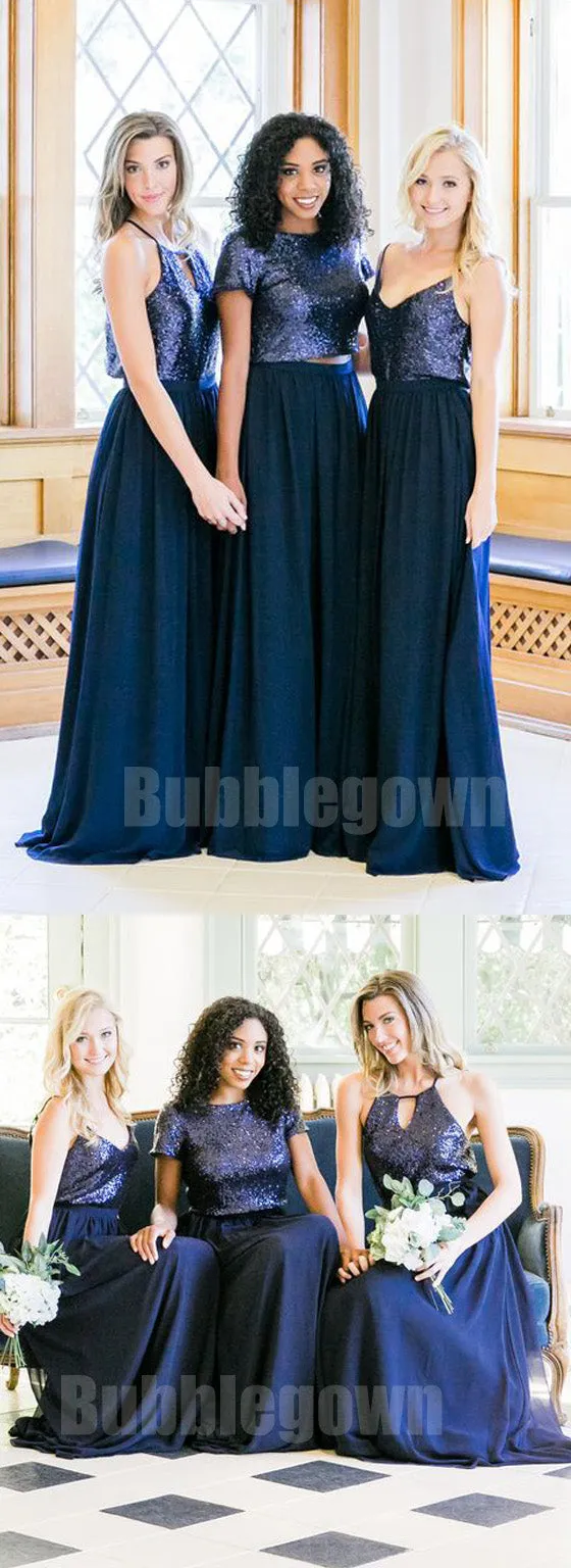 Cheap Mismatched Sequin Top Chiffon Long Bridesmaid Dresses, BD007