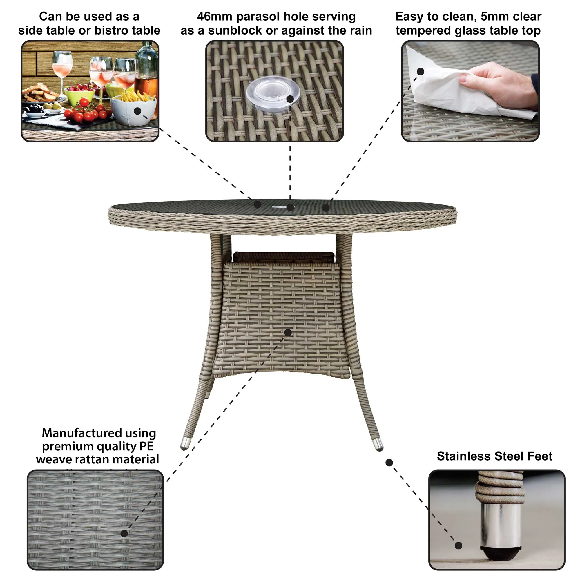 Chester Rattan Wicker Outdoor Dining Table with Tempered Glass Top - Brown - DG66