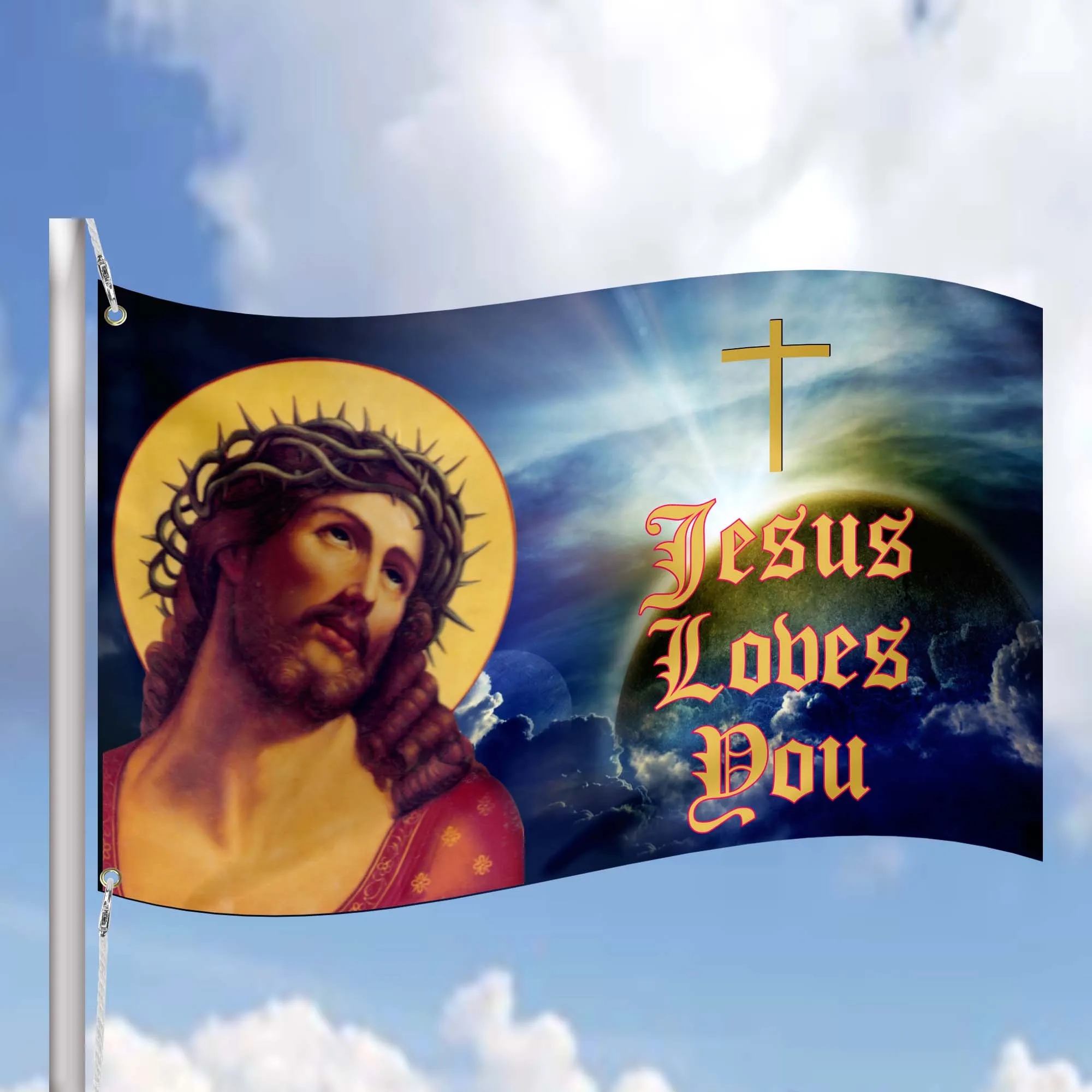 Christian Jesus Loves You Flag Banner