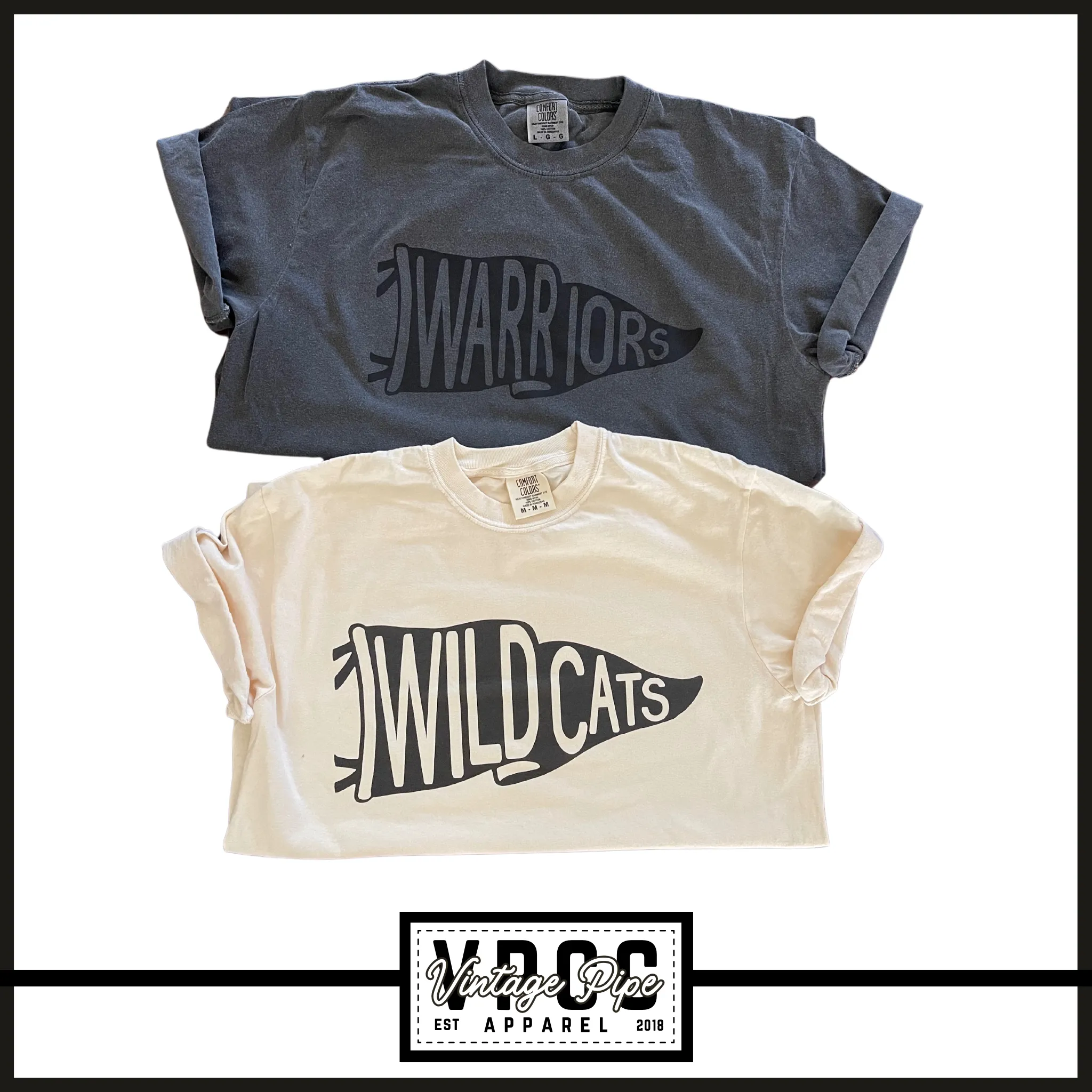 CUSTOMIZE ME- NEURTAL MASCOT PENNANT- Comfort Color Short Sleeve, Long Sleeve, Crop Tees and Crew Sweatshirts