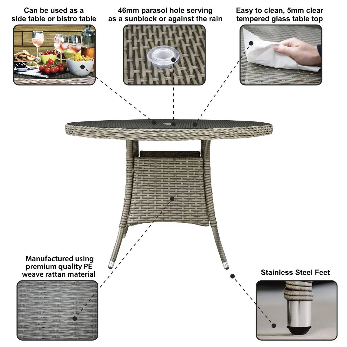 Dellonda Chester Rattan Wicker Outdoor Dining Table with Tempered Glass Top, Brown