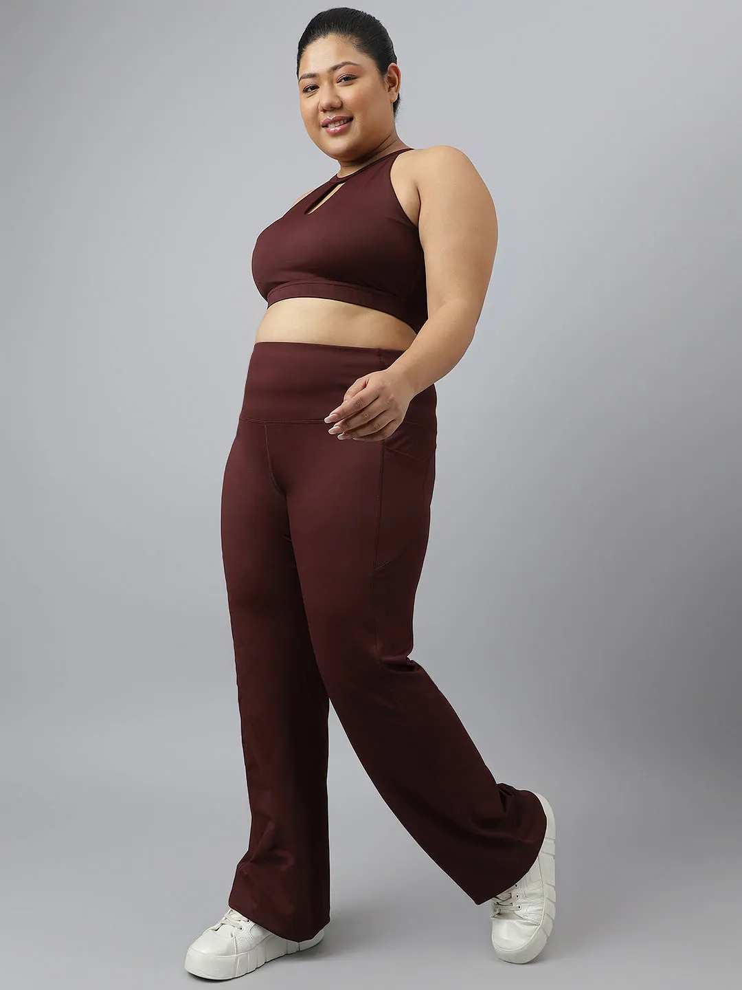 Fitkin Plus Size Halter Neck High Support Chocolate Brown Sports Bra