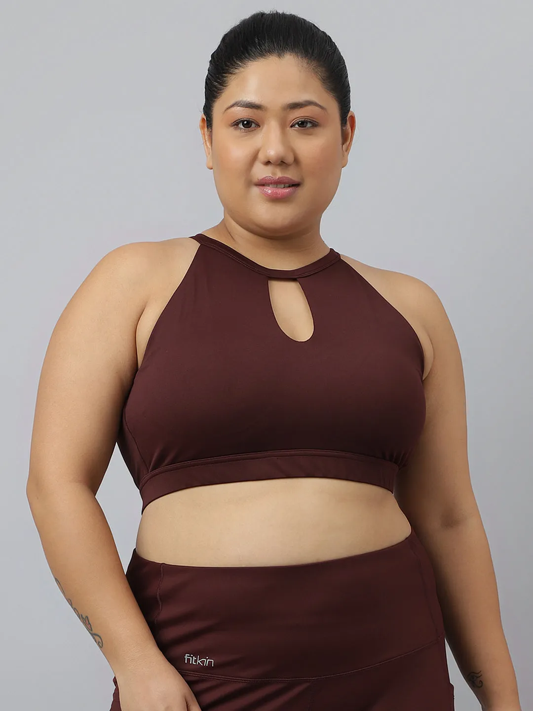 Fitkin Plus Size Halter Neck High Support Chocolate Brown Sports Bra