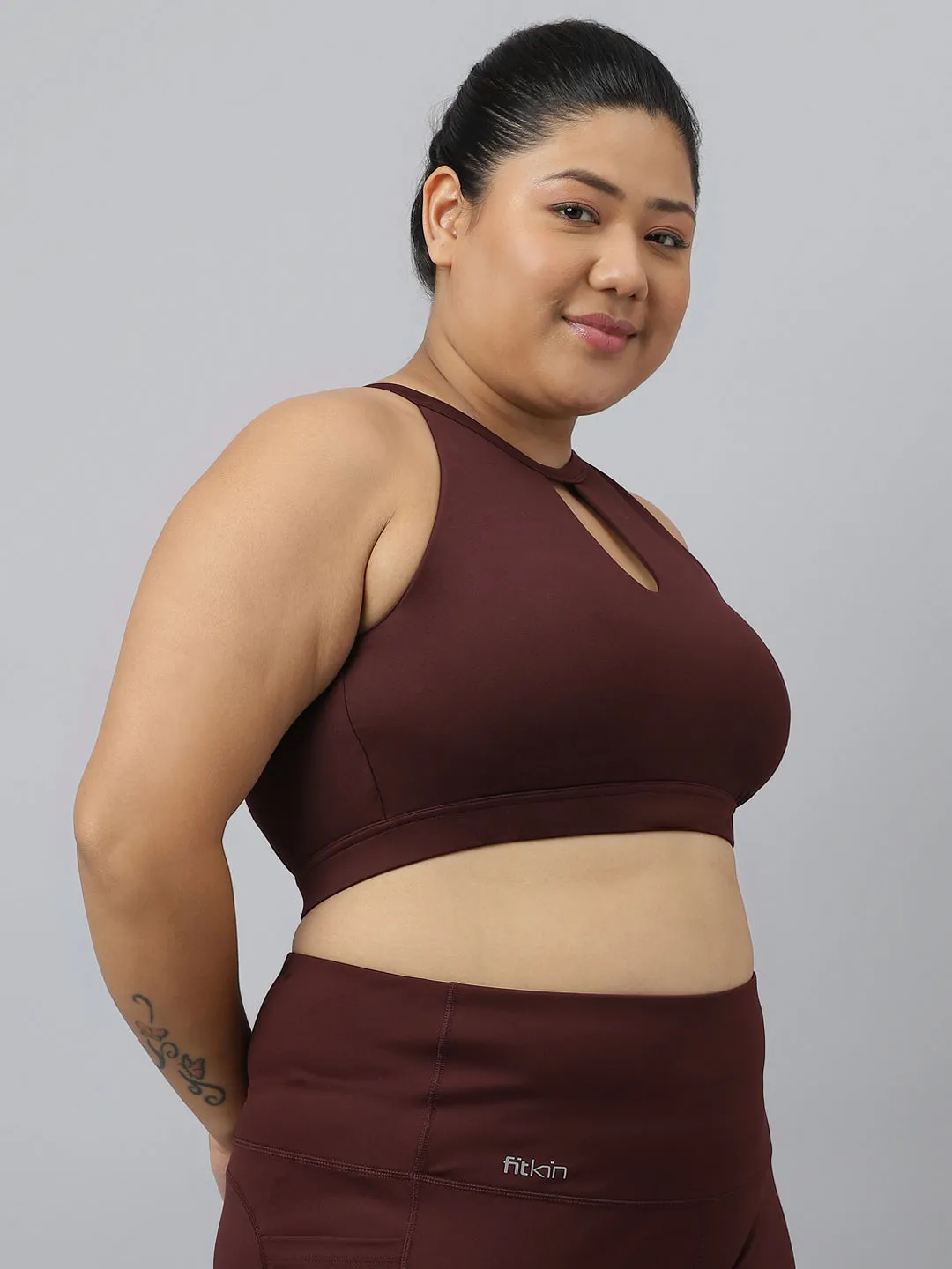 Fitkin Plus Size Halter Neck High Support Chocolate Brown Sports Bra