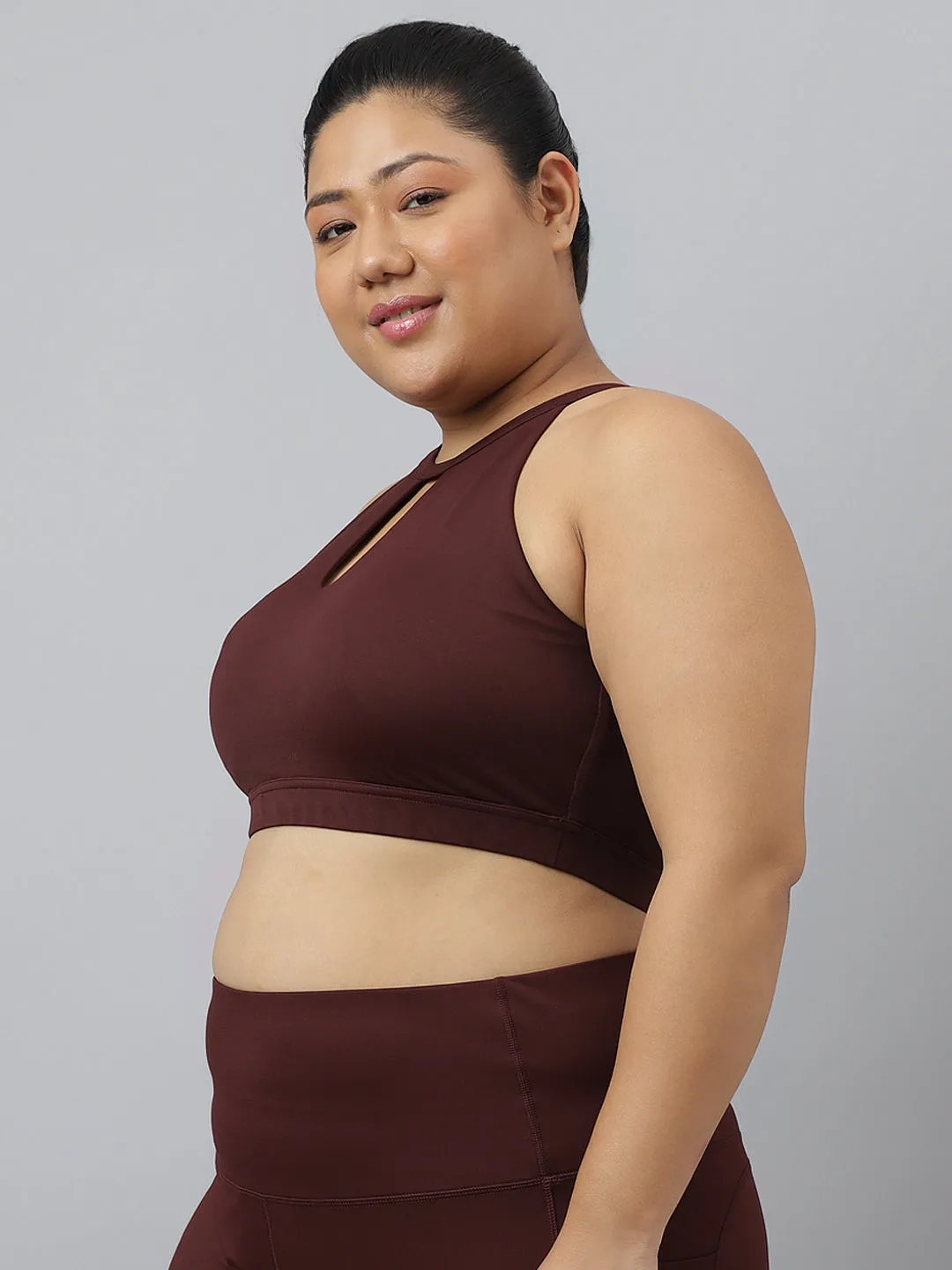 Fitkin Plus Size Halter Neck High Support Chocolate Brown Sports Bra