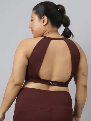 Fitkin Plus Size Halter Neck High Support Chocolate Brown Sports Bra