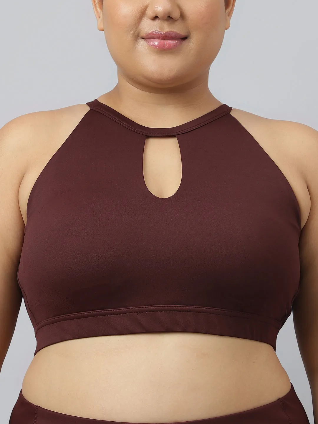 Fitkin Plus Size Halter Neck High Support Chocolate Brown Sports Bra