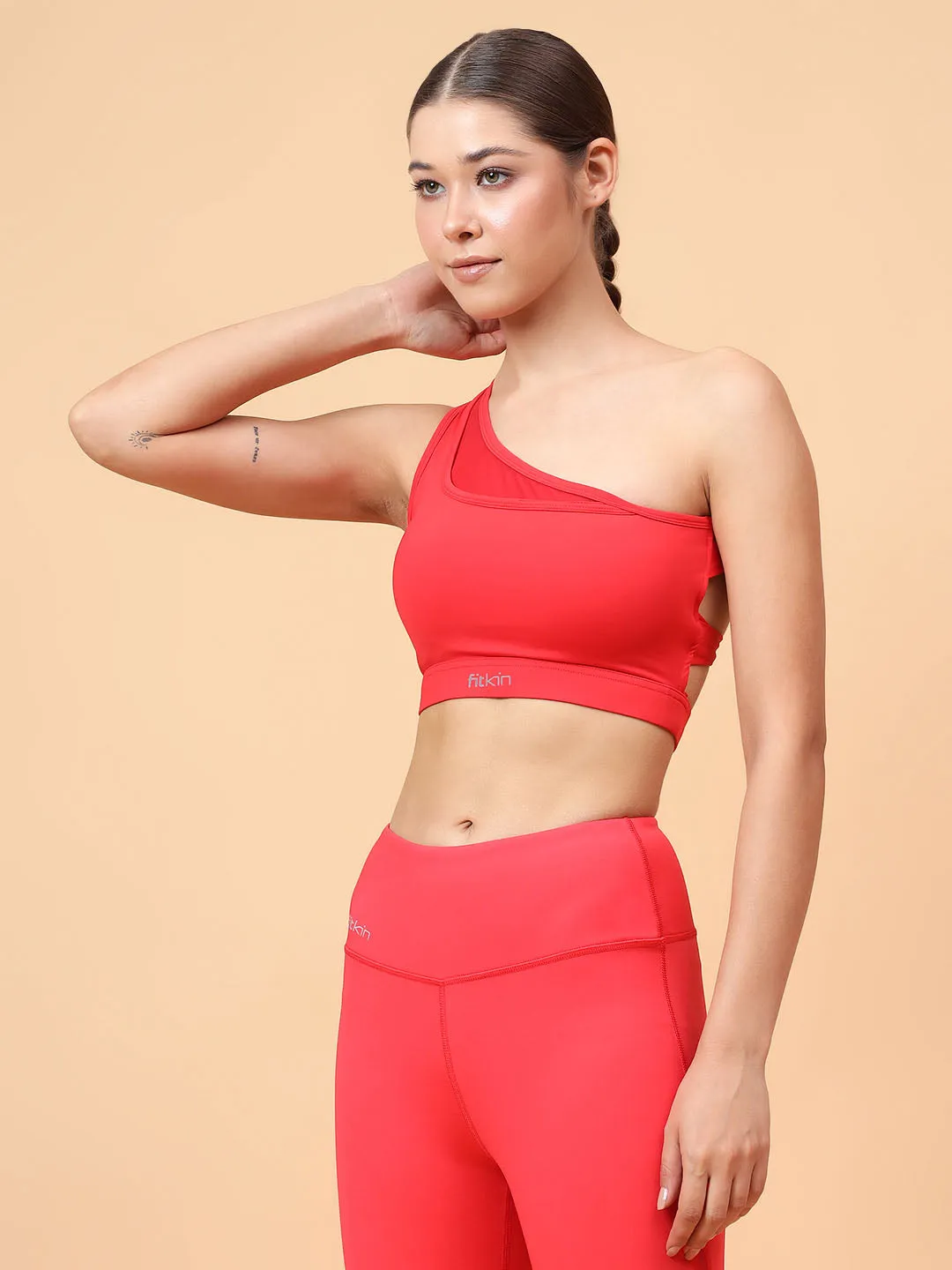 Fitkin Red One Shoulder Sports Bra With Front Net Detail