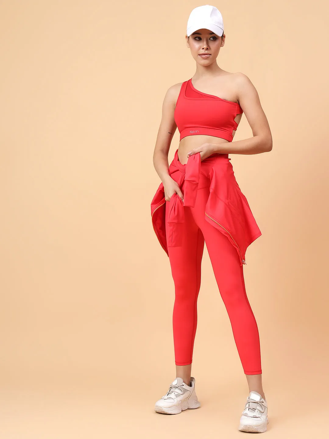 Fitkin Red One Shoulder Sports Bra With Front Net Detail