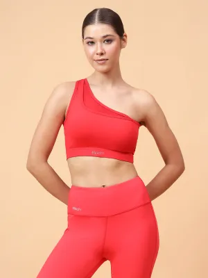 Fitkin Red One Shoulder Sports Bra With Front Net Detail