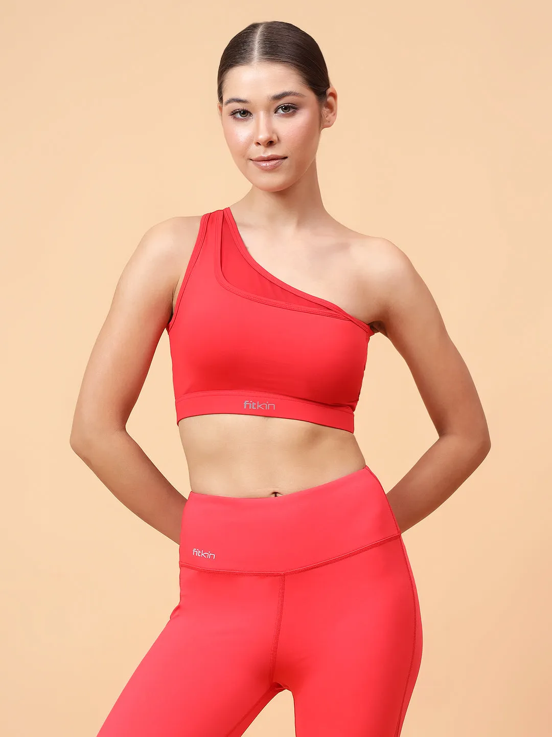 Fitkin Red One Shoulder Sports Bra With Front Net Detail