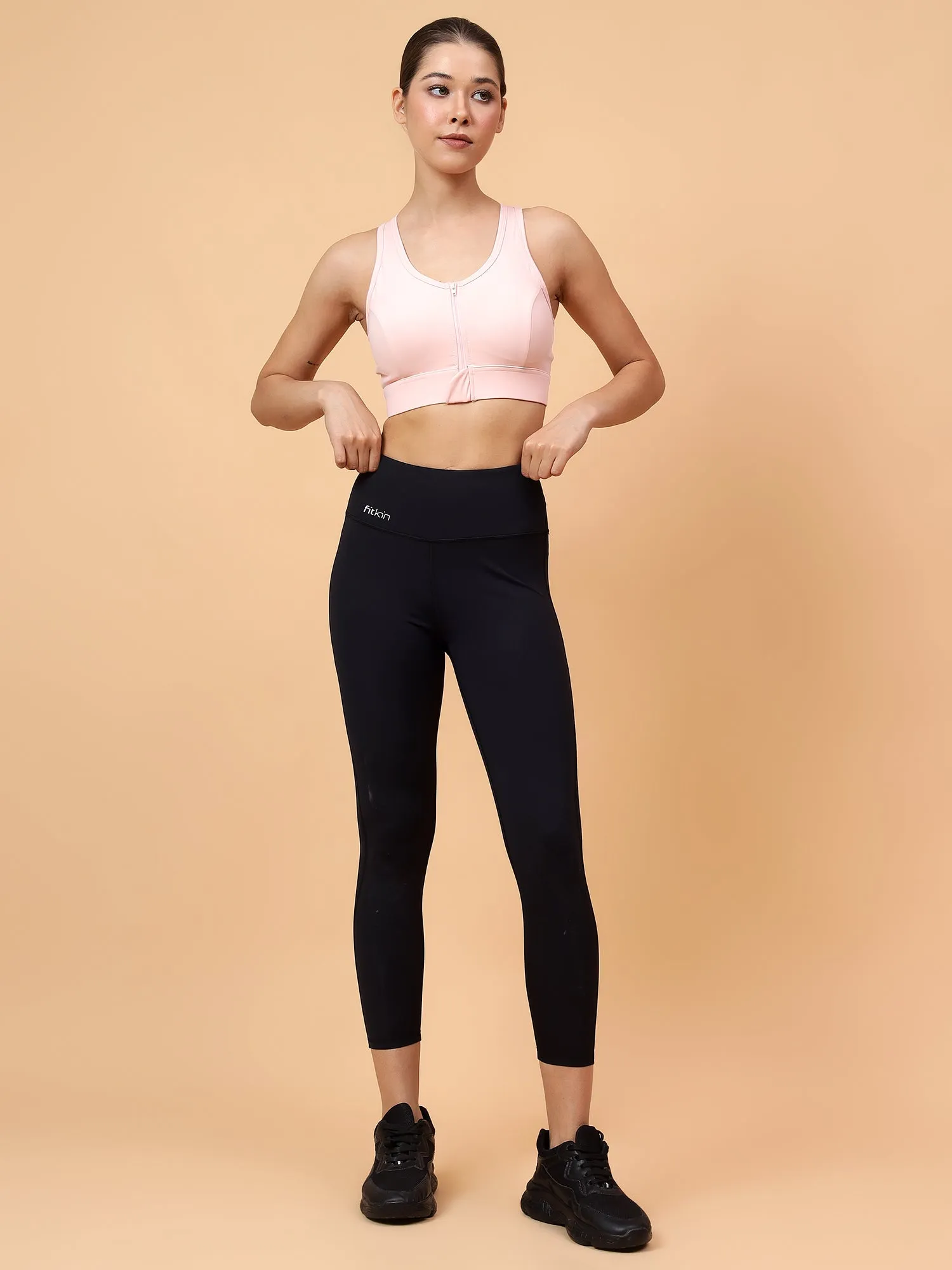 Fitkin Women's Peach Front Zipper Sports Bra