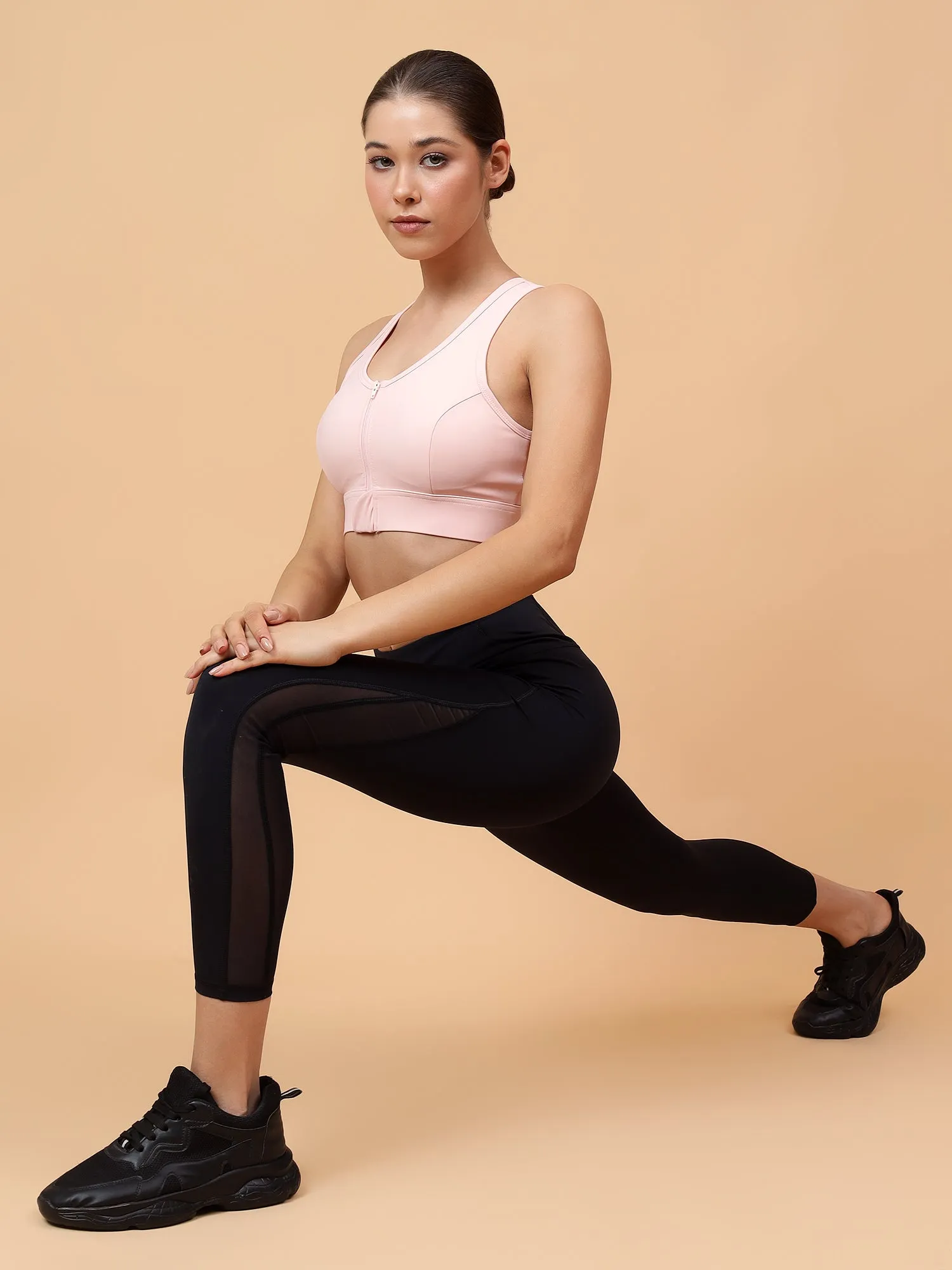 Fitkin Women's Peach Front Zipper Sports Bra